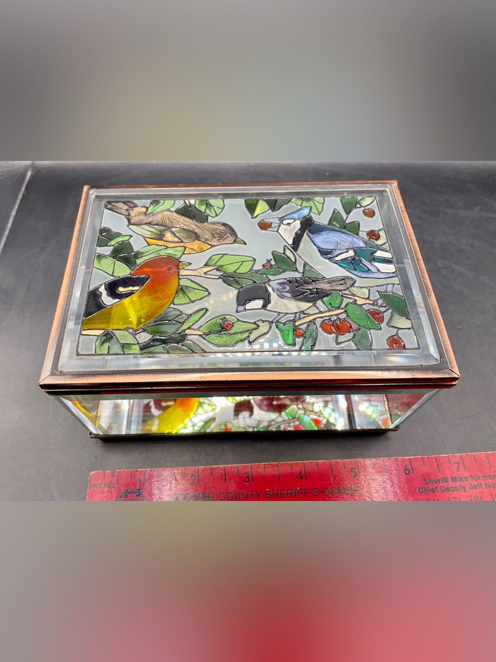Vtg Decorative Stained Glass Box Hand Painted Bluejay Chickadee  Oriole Design